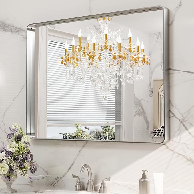 LOAAO 40X24 Inch Brushed Nickel Bathroom Mirror, Rounded Rectangle Silver Metal Frame Mirror, Brushed Nickel, Anti-Rust, Hangs Horizontally or Vertically