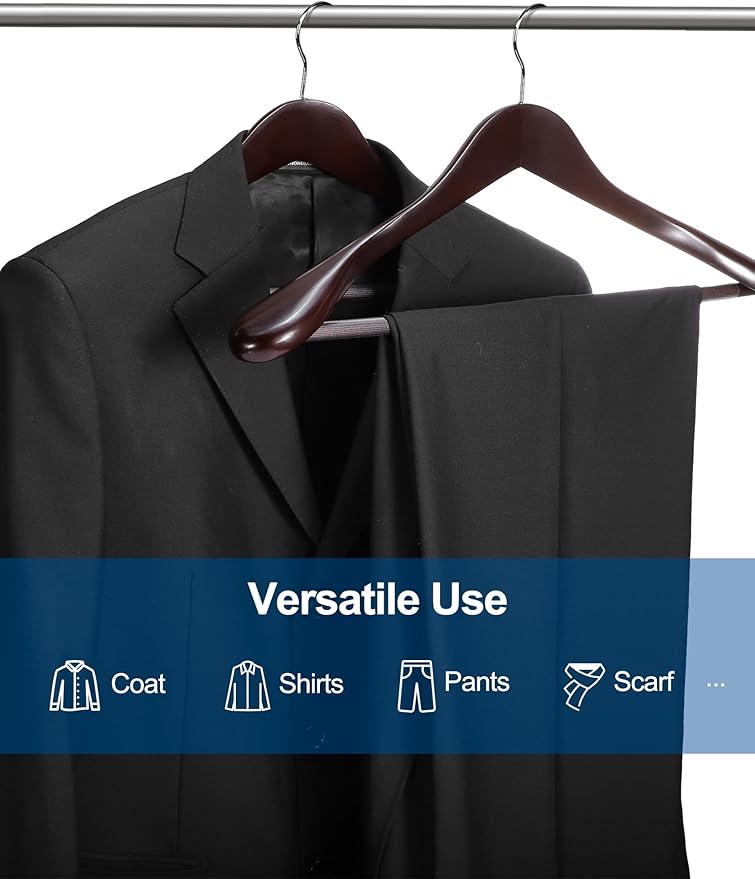 HOUSE DAY Wood Suit Hangers for Men, Wide Shoulder Wooden Hangers with Non Slip Pants Bar, Smooth Retro Finish 360° Swivel Hook Solid Wood Coat Hangers for Heavy Clothes Hanger 6 Pack (Cherry Wood)