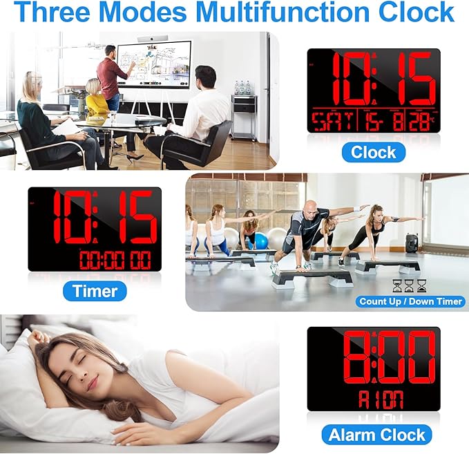 13" Bluetooth Auto Sync Wall Clock - Large Digital Alarm Clock with Remote, 25 Ringtones, Dual Alarm, Adjustable Brightness, 12/24H, Auto DST, for Living Room, Kitchen, Office, Elderly（Red）