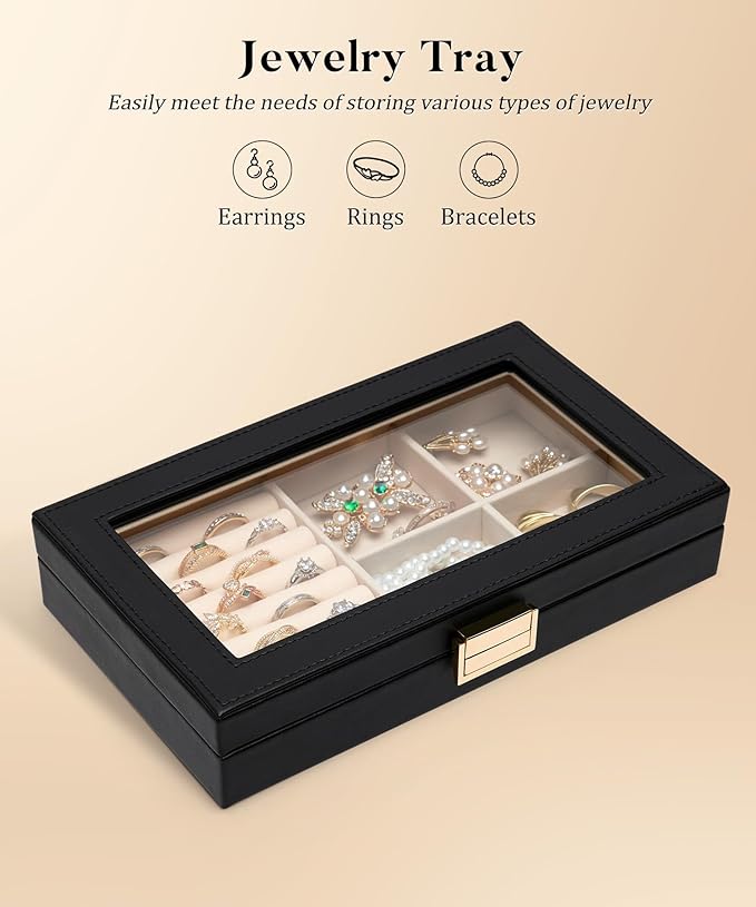 Homde Jewelry Tray Stackable Jewelry Box with Glass Lid, Removable Dividers for Vanity Table Gift Idea for Girls and Women (Black)