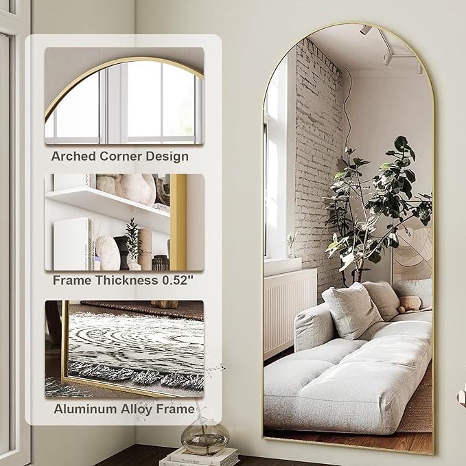 HARRITPURE 64"x21" Arched Full Length Mirror Free Standing Leaning Hanging Mounted Mirror Aluminum Frame Modern Simple Home Decor for Living Room Bedroom Cloakroom, Gold