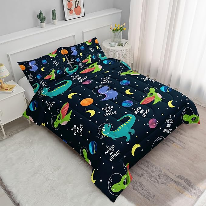 Dinosaur Space Dinos Comforter Bedding Set for Boys Kids Children, Celestial Bodies Colorful Dinosaur Print, 3PCS (1 Full Comforter, 2 Pillowcases), Green, Blue, Purple, Full 80x90inches