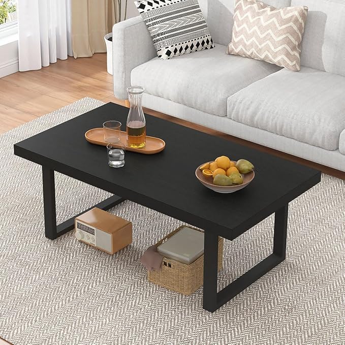 IBF Black Coffee Table, Minimalist Industrial Wooden Center Table, Modern Simple Rectangle Living Room Table, Farmhouse Wood and Metal Cocktail Coffee Table for Home Bedroom Office, Black Oak, 39 inch
