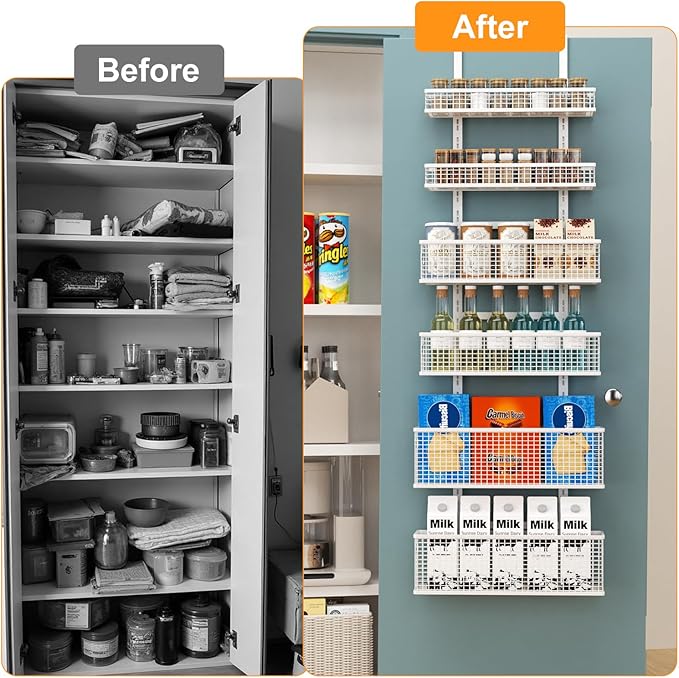 6-Tier Over The Door Pantry Organizer,Hanging Spice Rack,Over Door Adjustable Basket with Handle,Pantry Organization And Storage, Laundry Room,Bathroom,Large Capacity,D5.3xW15.7xH60.9in