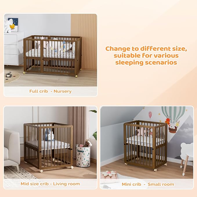 JOYMOR 8 in 1 Convertible Crib with Changer, Include 2” Mattress, Converts to Bassinet, Mid Crib, Full Size Crib, Daybed,Toddler Bed and Playard (Crib, Honey Wood)