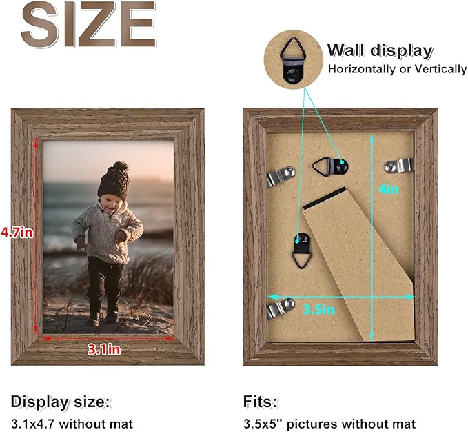 KINLINK 3.5x5 Picture Frame Rustic Brown, Solid Wood Frames with Plexiglass for Table Top and Wall Mounting, Photo Frames for Horizontal or Vertical Display, 4 Pack