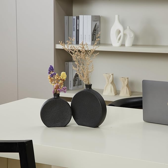 Black Ceramic Vase Set of 2, Boho Vase for Decor, Matte Frosted Texture Finish,Modern Rustic Farmhouse Home Decor,Vase for Pampas Grass&Dried Flowers,idea Shelf,Table,Mantel,Entryway