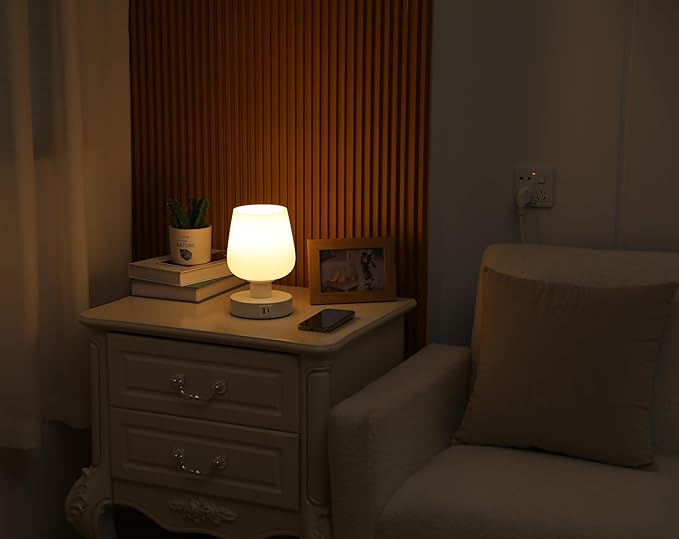 Touch Bedside Table Lamp with USB A+C Ports, Dimmable Small Table Lamp for Bedroom with White Opal Glass Lamp Shade and LED Bulb, Modern Nightstand Lamps, Desk Lamp with Plug for Living Room