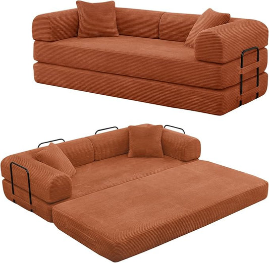 Rovibek 4-in-1 Convertible Sleeper Sofa Bed Queen Size, Foldable Floor Couch Corduroy, Folding Futon Sofa Beds with Pillow and Fixed-Shape Frame, Suitable for Living Room, Bedroom, Lounge, Orange