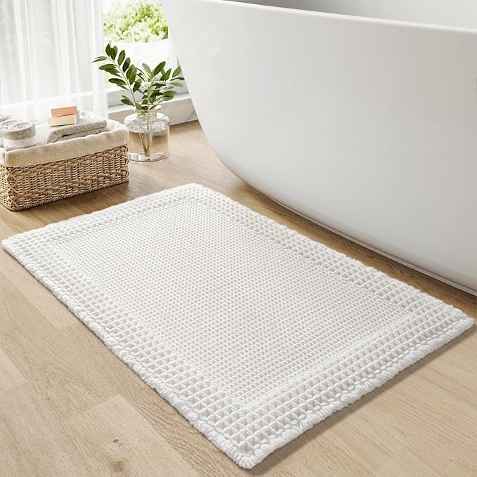 RESARE Waffle Bath Mat, Super Absorbent Non Slip, Machine Washable, Ultra Soft Boho Bath Rugs with Tassels, Upgraded Bordered Design, 17"x24" White