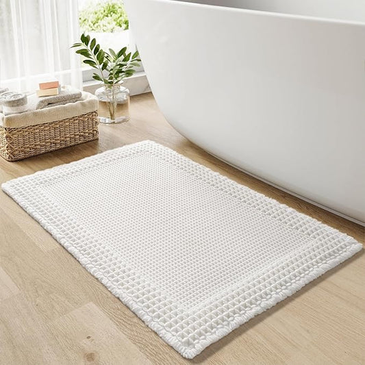 RESARE Waffle Bath Mat for Bathroom, Super Absorbent Bathroom Rugs Non Slip Machine Washable, Ultra Soft Quick Dry Boho Bath Rugs with Tassels for Floor, Upgraded Bordered Design, 18"x30" White