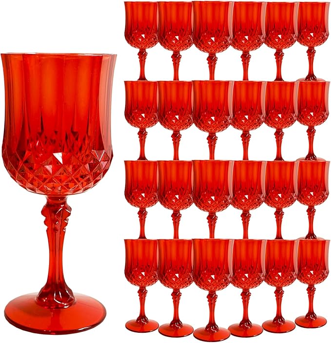 Plastic Wine Glasses，Plastic Goblets Vintage Style Cordial Drinking Glasses for Wedding Reception, Grand Event Party Supplies (24, Red)