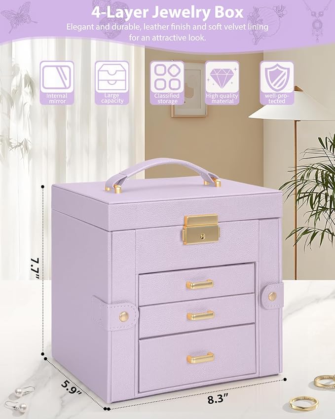 AKOZLIN 4-Tier Jewelry Box Leather Jewelry Storage Organizer with 3 Drawers Lockable for Women Girls Ring Necklace Earring Bracelet Holder with Mirror Purple
