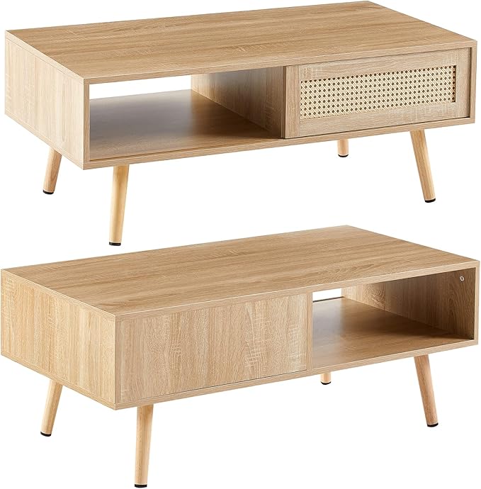 Rattan Coffee Table, 40.3" Mid Century Modern Coffee Table with Storage, Farmhouse Rectangle Wooden Accent Center Sofa Table with Rattan Sliding Door, for Living Room Christmas-Natural