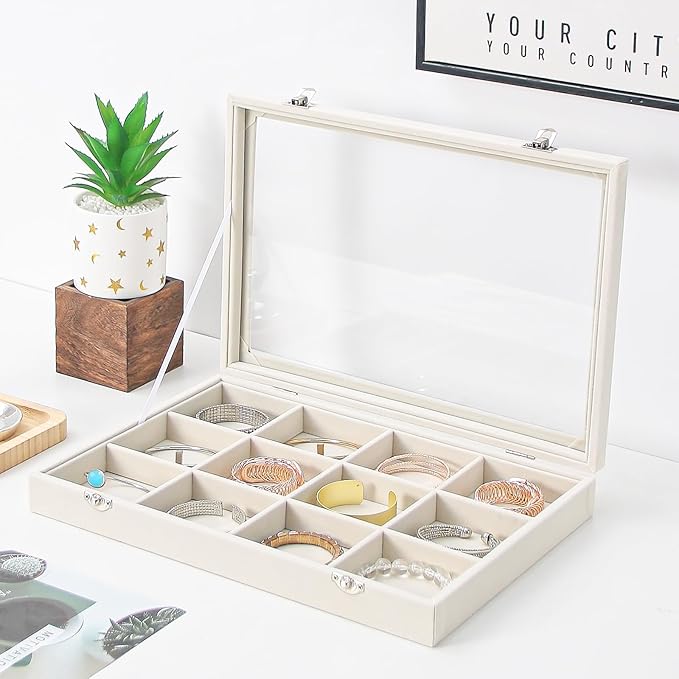 Coward Jewelry Organizer Box, Beige Velvet 12 Grids Bracelet Bangle Necklace Jewelry Display Tray Case with Transparent Glass Lid for Home Drawer Desk or Store Selling Show