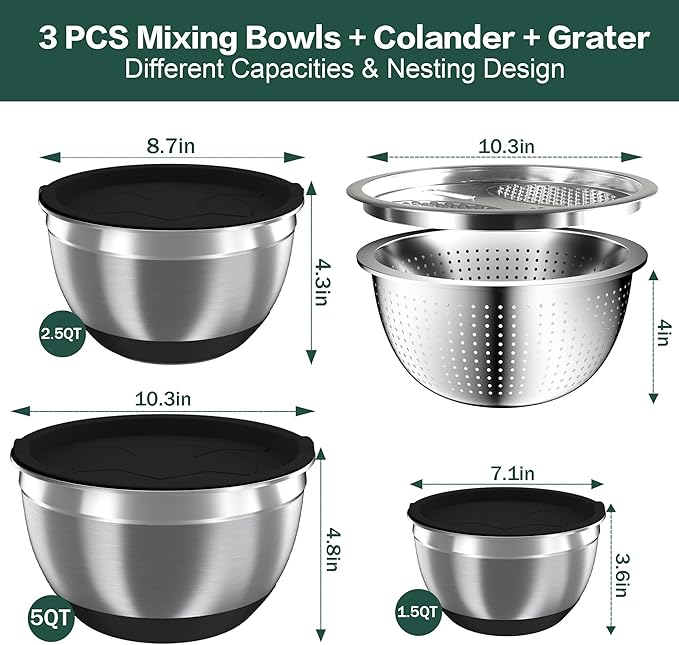 Mixing Bowls with Airtight Lids, Stainless Steel Mixing Bowl Set with 3 Metal Nesting Bowls, Colander & Grater, Non-Slip Bottoms, Size 1.5, 2.5, 5 QT, Great for Mixing & Serving, Black
