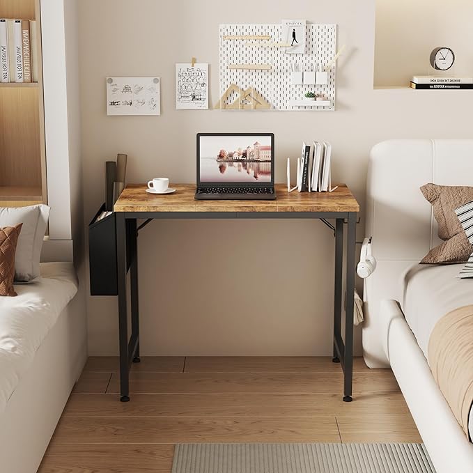 Lufeiya Small Desk for Small Spaces, 32 Inch Kids Girls Study Writing Desks for Bedroom, Simple Modern Laptop PC Little Side Table with Storage Bag Headphone Hooks, Rustic Brown