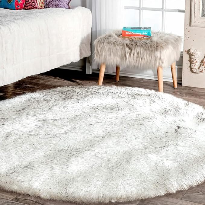 Latepis Washable Faux Fur Sheepskin Rug White with Grey Tips Round 10ft Circle Area Rug for Living Room Fluffy Shaggy Fuzzy Rugs for Bedroom Playroom