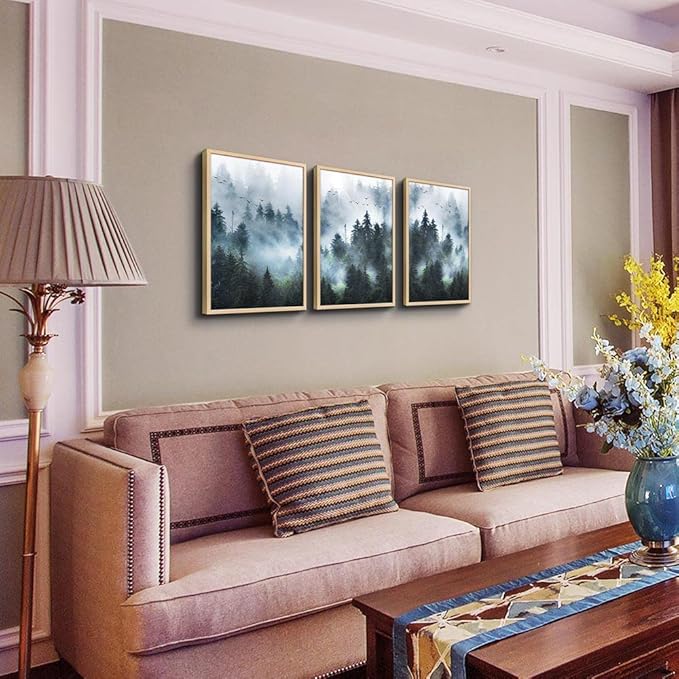 Framed Canvas Wall Art For Living Room Family Wall Decorations For Bedroom Wall Decor Foggy Forest Trees Landscape Paintings Room Pictures Artwork Home Decor Canvas Art Prints(Natural Wood Framed)