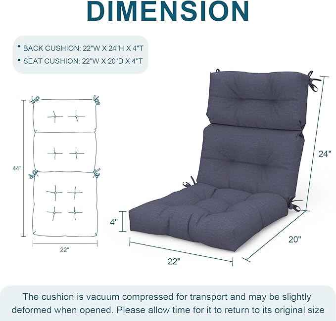 Set of 2 Outdoor High Back Chair Cushions 44"x 22",Water Repellent Rocking Seat Cushions Replacement, Seat/Back Chair Cushions for Patio,Porch,Balcony and Indoor - Textured Navy