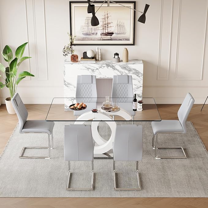 63'' Glass Dining Table Set for 6, Kitchen Table Chairs Set of 6, Clear Glass Dining Table with White unique design Leg and Silver Metal Base, 6 PU Dining Chairs with Metal Legs, Living Room, Kitchen.