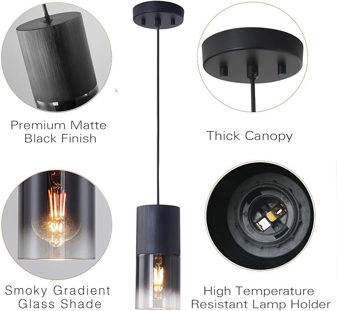 3-Pack Black Pendant Light Fixtures, Adjustable Modern Pendant Lights for Kitchen Island, Industrial Glass Pendant Lights for Dining Table Hallway Bedroom Living Room