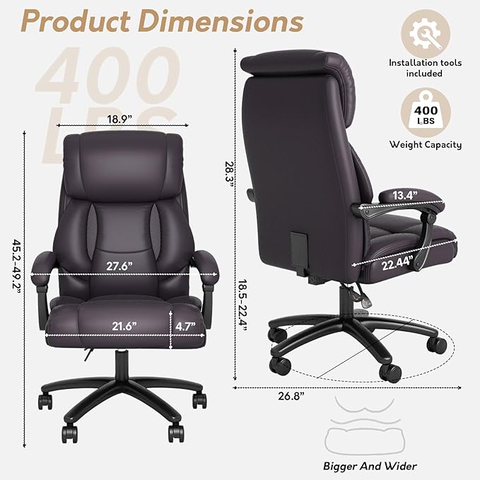 Reclining Office Chair,Recling 90-155°,Ergonomic Office Chair with Lumbar Suppot,Big and Tall Leather Desk Chair,High Back Executive Chair(Brown)