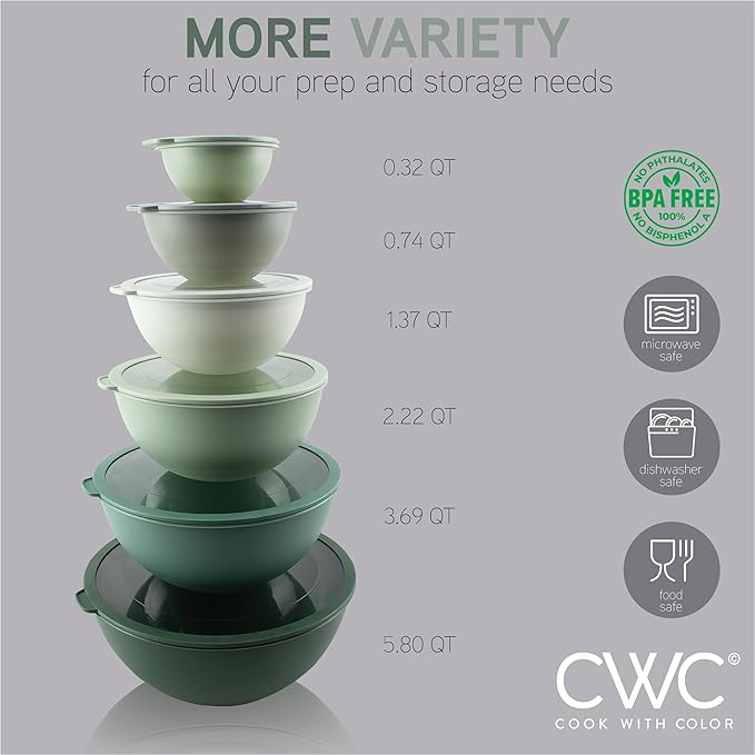 COOK WITH COLOR Mixing Bowls with Non Slip Bottom - 12 Piece Plastic Nesting Bowls Set includes 6 Prep Bowls and 6 Tritan Lids - Microwave Safe (Sage)