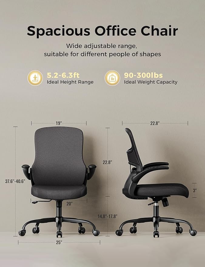 Office Chair, Mesh Ergonomic Desk Chairs, Lumbar Support, Adjustable Height, Flip-up Armrests, Swivel Function and Smooth-Rolling Wheels for Home, Office and Gaming (Black)