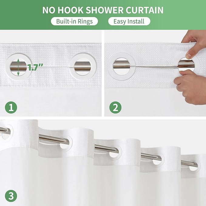 Stall No Hook Shower Curtain with Snap-in Fabric Liner Set,Waffle Weave Shower Curtains for Bathroom,Hotel Luxury Decor Bathroom Curtain Set,Waterproof & Washable,White,36Wx74H