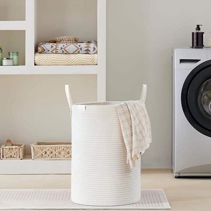 VIPOSCO Tall Laundry Basket, Large Dirty Clothes Hamper with Leather Handle, Woven Rope Storage Basket for Blanket, Toy In Living Room, Bathroom, Bedroom - 72L White