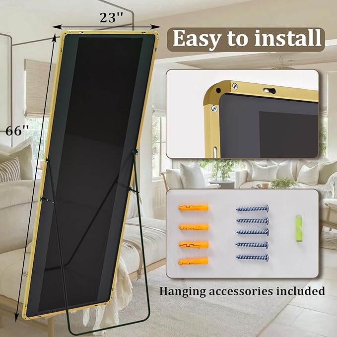 Round Corner Mirror Full Length, 66" x 23" Floor Mirror with Stand, Matte Aluminum Alloy Frame Full Body Mirror, Standing Hanging or Leaning for Bedroom and Living Room, Gold