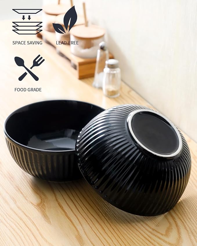 Hasense Large Serving Bowls Set of 2, 60 Oz Porcelain Salad Bowl 8 Inch for Kitchen Dining,Elegant Ribbed Ceramic Dishes for Party,Soup,Pho,Pasta,Cereal,Fruit - Dishwasher & Microwave Safe, Black