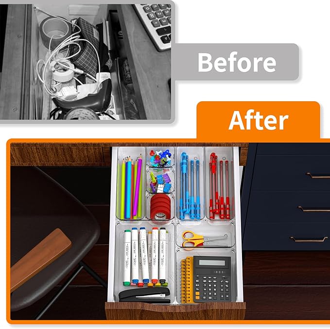 25 pc Clear Plastic Drawer Organizer Set,4 Size Small Storage Containers for Organizing Jewelry,Utensil,Junk,Tea,Makeup,Shallow Drawer Organizers Tray Suitable for Office,Desk,Bathroom,Vanity,Kitchen