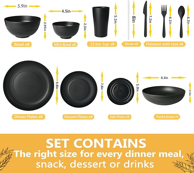 Teivio 88-Piece Kitchen Plastic Wheat Straw Dinnerware Set, Service for 8, Dinner Plates, Plates and Bowls Sets,Pasta Bowls,Cups, Flatware, Dishwasher Safe, Unbreakable Outdoor Camping Dishes, Black