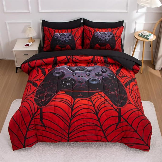 NTBED Game Console Comforter Set for Boys Girls Kids Spider Web Gaming Lightweight Microfiber Gamer Bedding Sets (Red, Twin 5Pcs)
