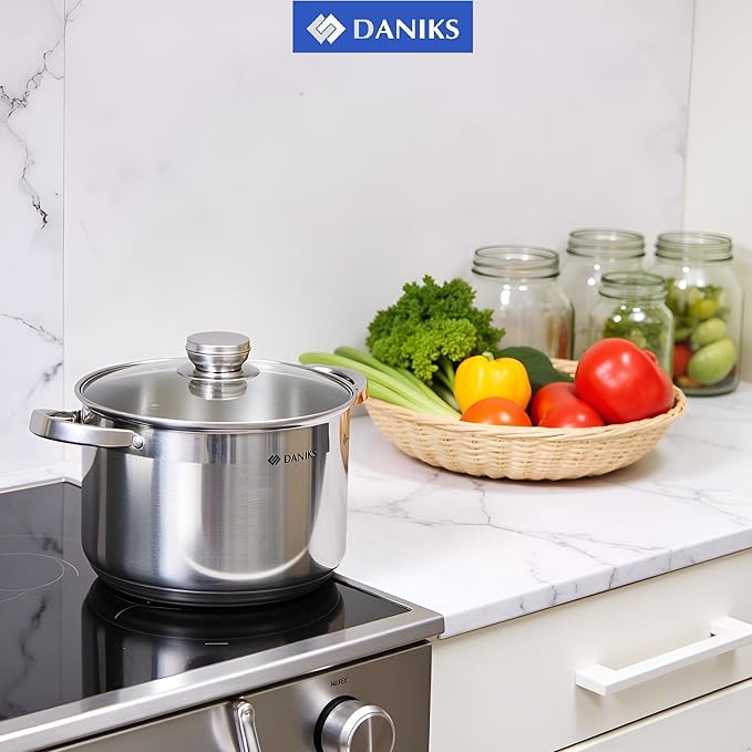 Daniks Standard Stainless Steel Stock Pot with Glass Lid – Induction 10 Quart, Dishwasher Safe, Measuring Scale, For Soup, Pasta, Stew, Silver