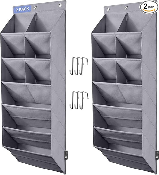 FENTEC 2 Pack Over the Door Shoe Organizer, Hanging Shoe Organizer, 6-Tier Large Deep Pockets Door Shoe Rack with 3 Hooks Shoe Organizer for Shoes, Sneakers, and Home Accessories, Grey