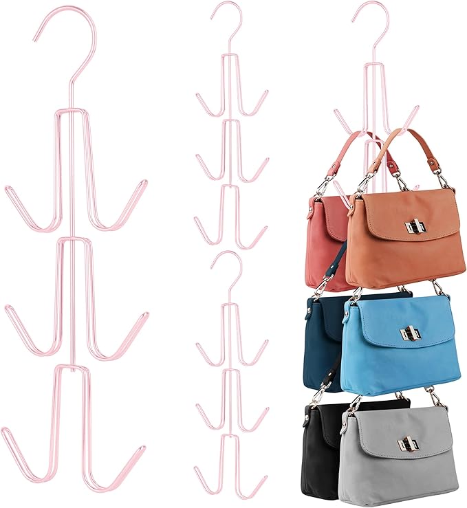 ZEDODIER Purse Hanger Organizer for Closet, 4 Pack Hanging Bag Holder, Keeping Purses Visible and in Good Condition, Metal Handbag Storage Hook Backpack Rack Space Saving Hanger, Pink