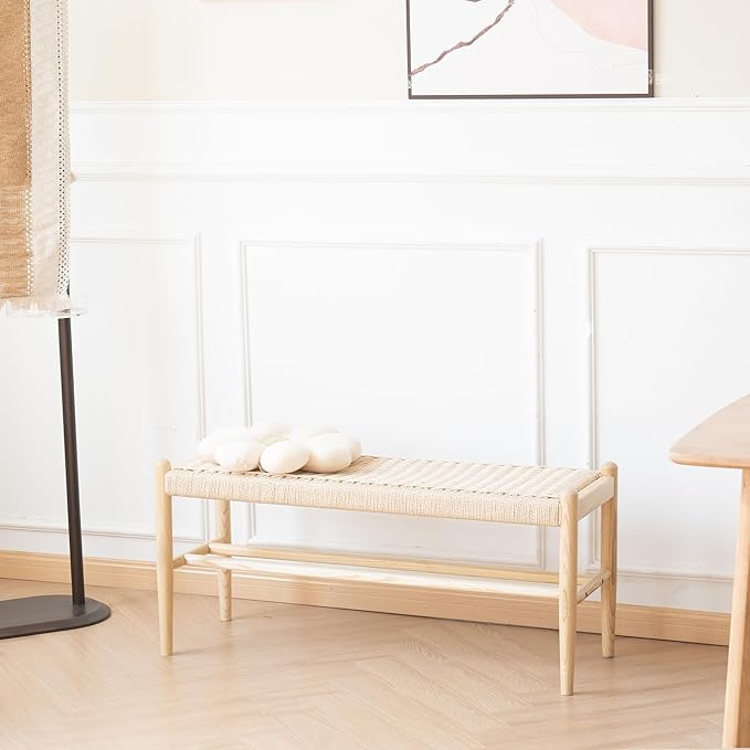 Solid Wood Entryway Bench with Shoe Storage, Rustic Oak Wood and Woven Design 39.4 Inch Long Seating for Living and Dining Rooms,Nature