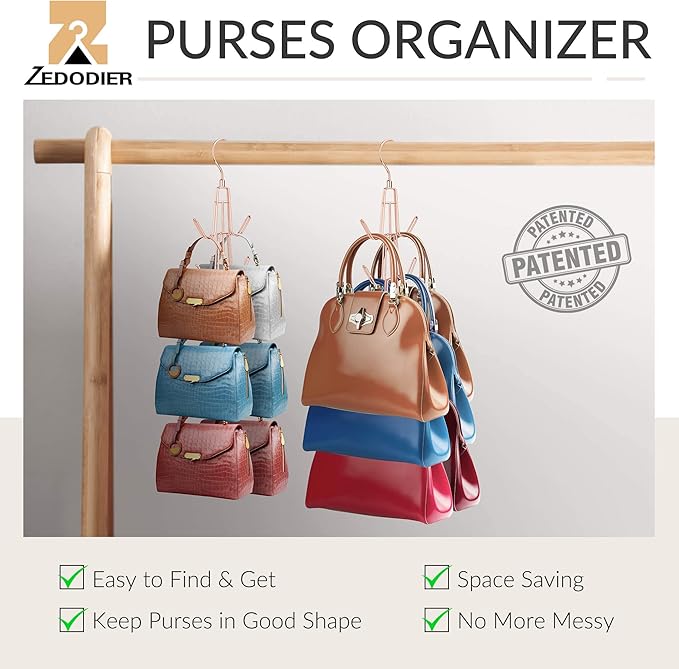 ZEDODIER Purse Hanger Organizer for Closet, Hanging Bag Holder, Keeping Purses Visible and in Good Condition, Metal Handbag Storage Hook Backpack Rack Space Saving Hanger, Rose Gold