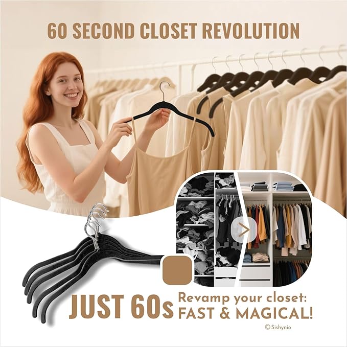 30 Pack Velvet Shirt Hangers, Non-Slip Slim Flocked Clothes Hanger with 360° Swivel Hook, Space-Saving Felt Hangers for Coats, Sweaters, Blouses, Tank Tops(Black)