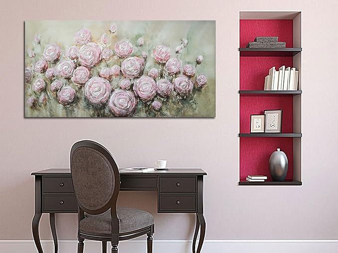Arjun Pink Rose Wall Art Flower Canvas Painting 3D Textured Floral Silver Grey Artwork Living Room Modern Abstract Petals Tranquil Framed for Bedroom Home Office Wall Decor, Extra Large 58"x29"