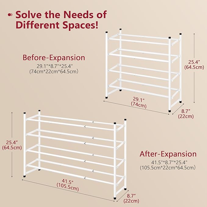 Tajsoon Expandable Shoe Rack for Closet 4 Tier, 29“-41“Adjustable & Stackable Shoe Shelf Storage, Metal Shoe Rack Organizer for Front Door Entrance, Closet, Garage, Entryway, White
