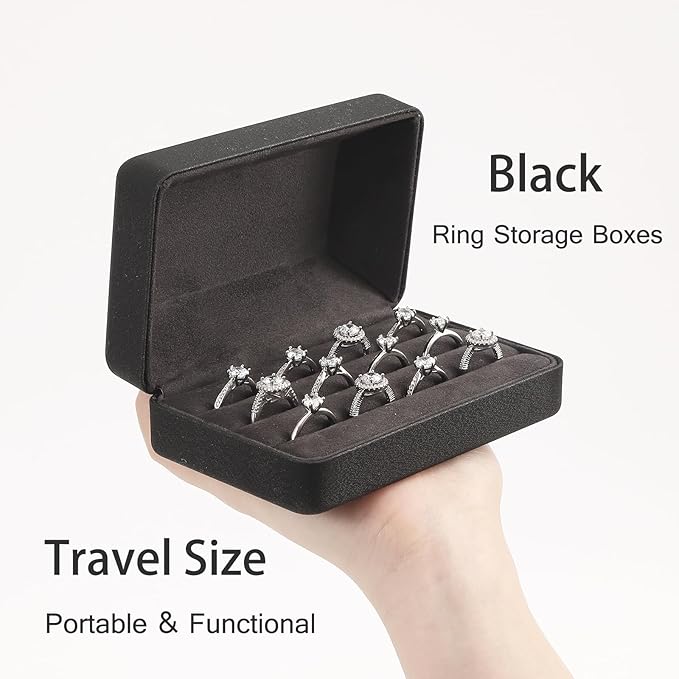 Ring Storage Boxes for Multiple Rings, Compact and Stylish Travel Jewelry case, Portable Small jewelry Organizer Box Tray Gift for Women, Girl(Black)