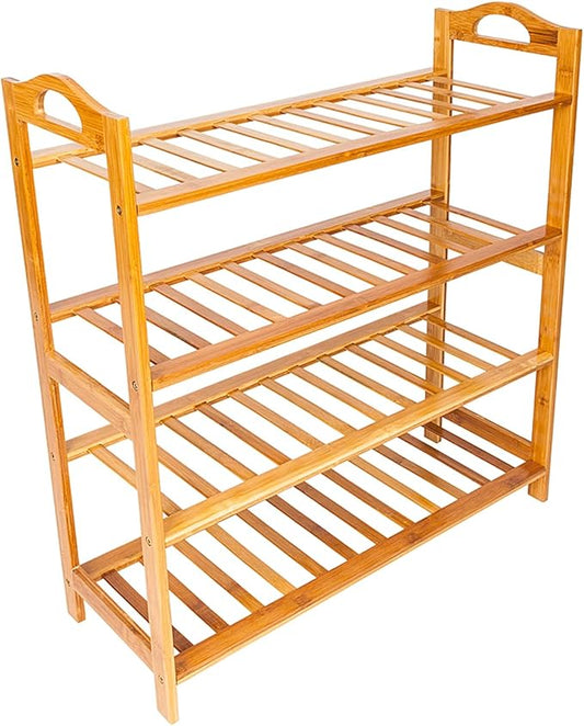 4-Tier Open Bamboo Shoe Rack Concise 12-Strip 4 Tiers Spacious Storage Shelf Stable Elegant Shoe Shelf Organizer Holds up to 44lbs for Entryway, Bedroom, Living Room, Kitchen (Wood Color)