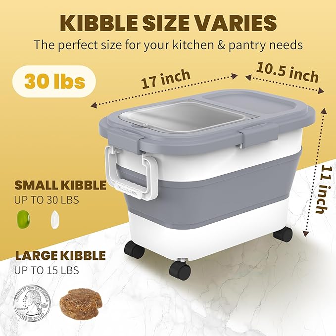 20-30Lbs Rice Container,Collapsible Airtight Food Storage Containers with Wheels,Handle,Rice Storage Container with Small Bin and Scoop,Rice Dispenser for Flour Sugar Cereal Grain Dog Cat