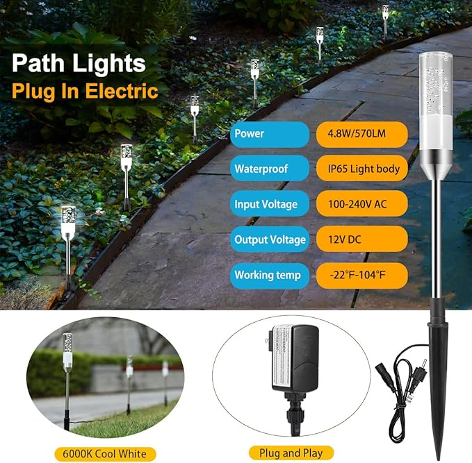 Pathway Lights Outdoor,12V Low Voltage Landscape Lighting, 6 Pack 570 Lumen Bright LED Path Lights, IP65 Waterproof Extendable Garden Lights for Yard Walkway Patio Lawn, 6000K