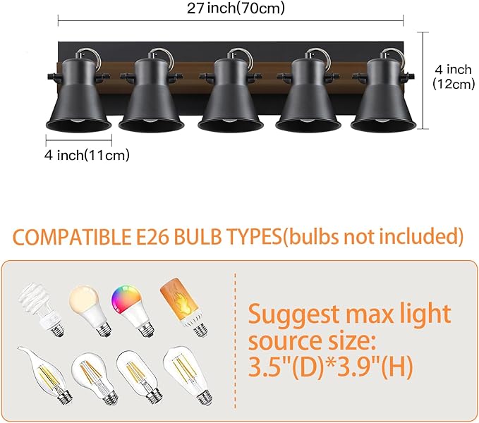 SEEBLEN 5-Light Track Light Fixtures, Adjustable Ceiling/Wall Mount Spotlight, Industrial Black Kitchen Track Lighting for Living Room, Dining Room, Hallway, Bathroom