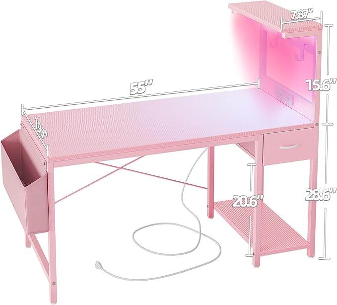 TIQLAB Gaming Desk 55 inch with Power Outlet and LED Light, Computer Desk with Reversible Shelves and Storage Drawer, Small PC Desk for Home Office Table with Bag, Carbon Fiber Pink